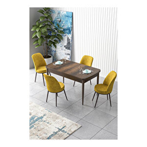 Zen Serisi Barok Ahşap Desen Mdf 80x132 Açılabilir Mutfak Masası Takımı, 4 Sandalye Hardal
