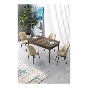 Zen Serisi Barok Ahşap Desen Mdf 80x132 Açılabilir Mutfak Masası Takımı, 4 Sandalye Krem