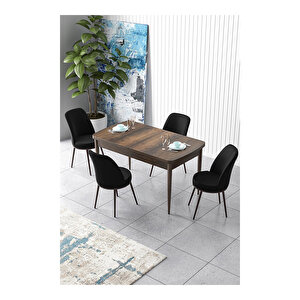 Zen Serisi Barok Ahşap Desen Mdf 80x132 Açılabilir Mutfak Masası Takımı, 4 Sandalye Siyah