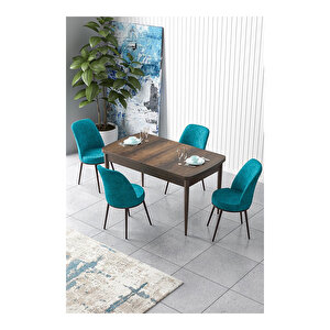 Zen Serisi Barok Ahşap Desen Mdf 80x132 Açılabilir Mutfak Masası Takımı, 4 Sandalye Turkuaz