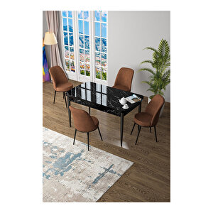 Zen Serisi Siyah Mermer Desen Mdf 80x132 Açılabilir Mutfak Masası Takımı, 4 Sandalye Kiremit