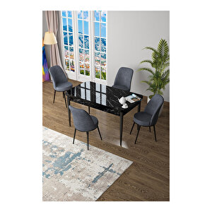 Zen Serisi Siyah Mermer Desen Mdf 80x132 Açılabilir Mutfak Masası Takımı, 4 Sandalye Füme