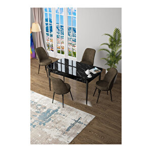Zen Serisi Siyah Mermer Desen Mdf 80x132 Açılabilir Mutfak Masası Takımı, 4 Sandalye Kahverengi