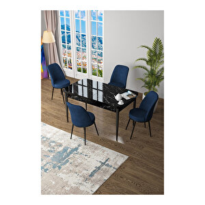 Zen Serisi Siyah Mermer Desen Mdf 80x132 Açılabilir Mutfak Masası Takımı, 4 Sandalye Lacivert