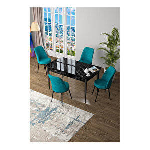 Zen Serisi Siyah Mermer Desen Mdf 80x132 Açılabilir Mutfak Masası Takımı, 4 Sandalye Turkuaz
