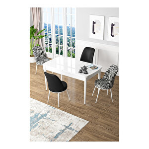 Zen Serisi Siyah Mermer Desen Mdf 80x132 Açılabilir Mutfak Masası Takımı, 2 Siyah 2 Zebra Desen Sandalye