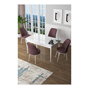 Zen Serisi Beyaz Masa Mdf 80x132 Açılabilir Mutfak Masası Takımı, 4 Sandalye Gül Kurusu