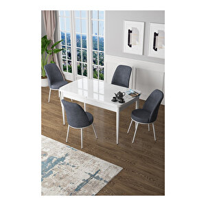 Zen Serisi Beyaz Masa Mdf 80x132 Açılabilir Mutfak Masası Takımı, 4 Sandalye Füme