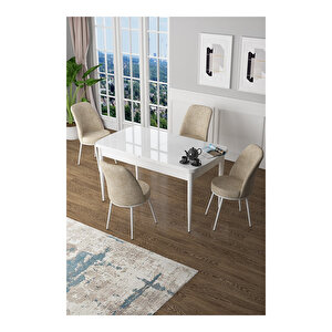 Zen Serisi Beyaz Masa Mdf 80x132 Açılabilir Mutfak Masası Takımı, 4 Sandalye Krem
