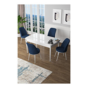 Zen Serisi Beyaz Masa Mdf 80x132 Açılabilir Mutfak Masası Takımı, 4 Sandalye Lacivert