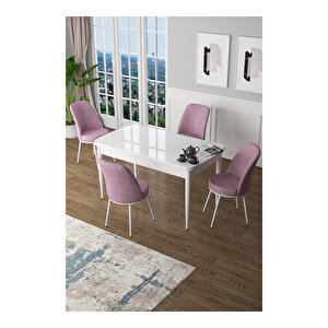 Zen Serisi Beyaz Masa Mdf 80x132 Açılabilir Mutfak Masası Takımı, 4 Sandalye Pembe