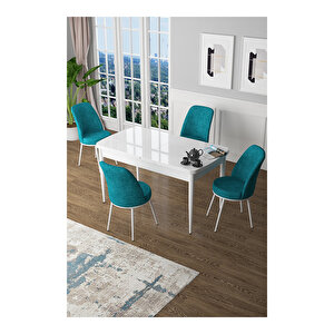 Zen Serisi Beyaz Masa Mdf 80x132 Açılabilir Mutfak Masası Takımı, 4 Sandalye Turkuaz
