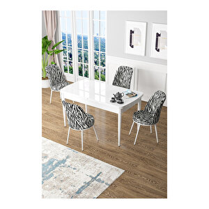 Zen Serisi Beyaz Masa Mdf 80x132 Açılabilir Mutfak Masası Takımı, 4 Sandalye Zebra