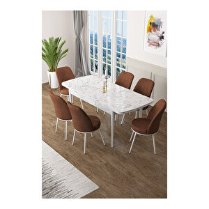 Zen Serisi Beyaz Mermer Desen Mdf 80x132 Açılabilir Mutfak Masası Takımı, 6 Sandalye Kiremit