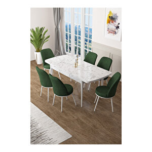 Zen Serisi Beyaz Mermer Desen Mdf 80x132 Açılabilir Mutfak Masası Takımı, 6 Sandalye Su Yeşili