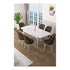 Zen Serisi Beyaz Mermer Desen Mdf 80x132 Açılabilir Mutfak Masası Takımı, 6 Sandalye Kahverengi