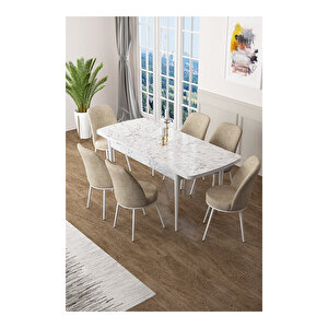 Zen Serisi Beyaz Mermer Desen Mdf 80x132 Açılabilir Mutfak Masası Takımı, 6 Sandalye Krem