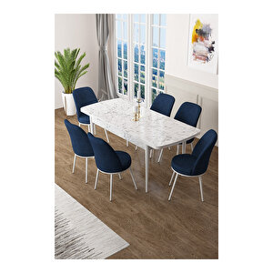 Zen Serisi Beyaz Mermer Desen Mdf 80x132 Açılabilir Mutfak Masası Takımı, 6 Sandalye Lacivert