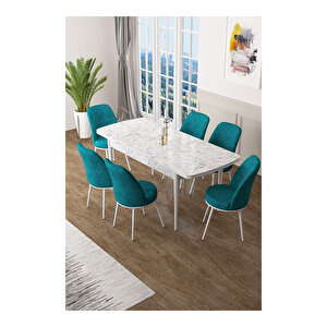 Zen Serisi Beyaz Mermer Desen Mdf 80x132 Açılabilir Mutfak Masası Takımı, 6 Sandalye