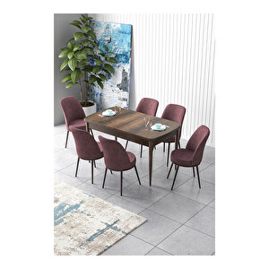 Zen Serisi Barok Ahşap Desen Mdf 80x132 Açılabilir Mutfak Masası Takımı, 6 Sandalye Gül Kurusu