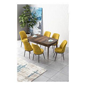 Zen Serisi Barok Ahşap Desen Mdf 80x132 Açılabilir Mutfak Masası Takımı, 6 Sandalye Hardal