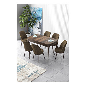 Zen Serisi Barok Ahşap Desen Mdf 80x132 Açılabilir Mutfak Masası Takımı, 6 Sandalye Kahverengi