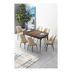 Zen Serisi Barok Ahşap Desen Mdf 80x132 Açılabilir Mutfak Masası Takımı, 6 Sandalye Krem