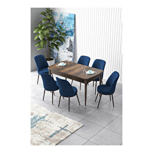 Zen Serisi Barok Ahşap Desen Mdf 80x132 Açılabilir Mutfak Masası Takımı, 6 Sandalye Lacivert