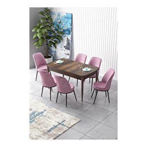 Zen Serisi Barok Ahşap Desen Mdf 80x132 Açılabilir Mutfak Masası Takımı, 6 Sandalye Pembe