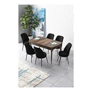 Zen Serisi Barok Ahşap Desen Mdf 80x132 Açılabilir Mutfak Masası Takımı, 6 Sandalye Siyah