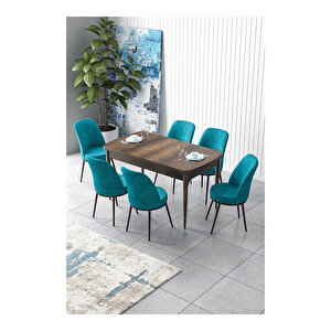 Zen Serisi Barok Ahşap Desen Mdf 80x132 Açılabilir Mutfak Masası Takımı, 6 Sandalye Turkuaz
