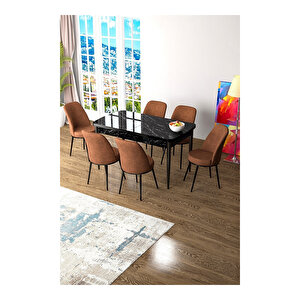 Zen Serisi Siyah Mermer Desen Mdf 80x132 Açılabilir Mutfak Masası Takımı, 6 Sandalye Kiremit