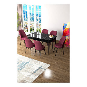 Zen Serisi Siyah Mermer Desen Mdf 80x132 Açılabilir Mutfak Masası Takımı, 6 Sandalye Bordo