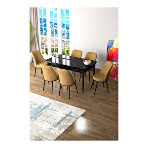 Zen Serisi Siyah Mermer Desen Mdf 80x132 Açılabilir Mutfak Masası Takımı, 6 Sandalye Cappucino