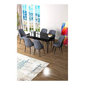 Zen Serisi Siyah Mermer Desen Mdf 80x132 Açılabilir Mutfak Masası Takımı, 6 Sandalye Füme