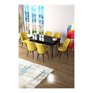 Zen Serisi Siyah Mermer Desen Mdf 80x132 Açılabilir Mutfak Masası Takımı, 6 Sandalye Hardal