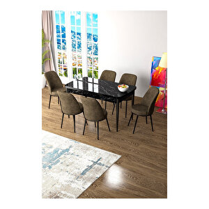 Zen Serisi Siyah Mermer Desen Mdf 80x132 Açılabilir Mutfak Masası Takımı, 6 Sandalye Kahverengi