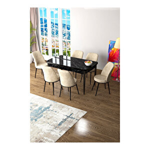 Zen Serisi Siyah Mermer Desen Mdf 80x132 Açılabilir Mutfak Masası Takımı, 6 Sandalye Krem