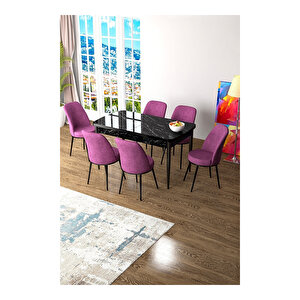Zen Serisi Siyah Mermer Desen Mdf 80x132 Açılabilir Mutfak Masası Takımı, 6 Sandalye Mor