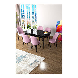 Zen Serisi Siyah Mermer Desen Mdf 80x132 Açılabilir Mutfak Masası Takımı, 6 Sandalye Pembe
