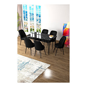 Zen Serisi Siyah Mermer Desen Mdf 80x132 Açılabilir Mutfak Masası Takımı, 6 Sandalye Siyah