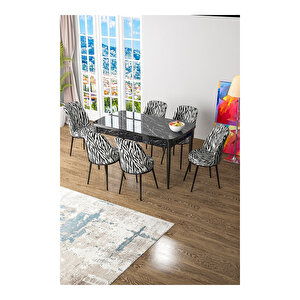 Zen Serisi Siyah Mermer Desen Mdf 80x132 Açılabilir Mutfak Masası Takımı, 6 Sandalye Zebra