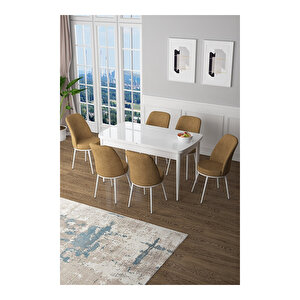 Zen Serisi Beyaz Masa Mdf 80x132 Açılabilir Mutfak Masası Takımı, 6 Sandalye Cappucino