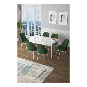 Zen Serisi Beyaz Masa Mdf 80x132 Açılabilir Mutfak Masası Takımı, 6 Sandalye Su Yeşili