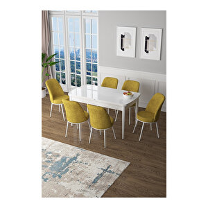 Zen Serisi Beyaz Masa Mdf 80x132 Açılabilir Mutfak Masası Takımı, 6 Sandalye Hardal