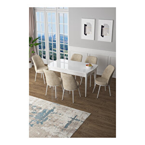 Zen Serisi Beyaz Masa Mdf 80x132 Açılabilir Mutfak Masası Takımı, 6 Sandalye Krem