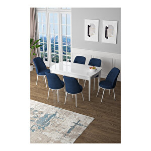 Zen Serisi Beyaz Masa Mdf 80x132 Açılabilir Mutfak Masası Takımı, 6 Sandalye Lacivert