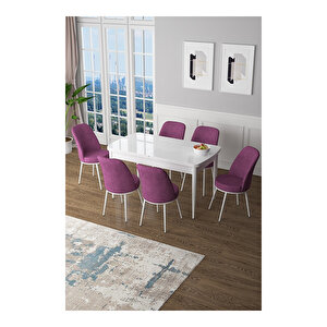 Zen Serisi Beyaz Masa Mdf 80x132 Açılabilir Mutfak Masası Takımı, 6 Sandalye Mor