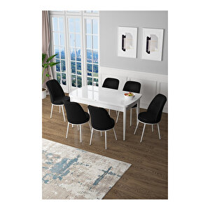 Zen Serisi Beyaz Masa Mdf 80x132 Açılabilir Mutfak Masası Takımı, 6 Sandalye Siyah