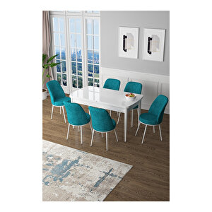 Zen Serisi Beyaz Masa Mdf 80x132 Açılabilir Mutfak Masası Takımı, 6 Sandalye Turkuaz